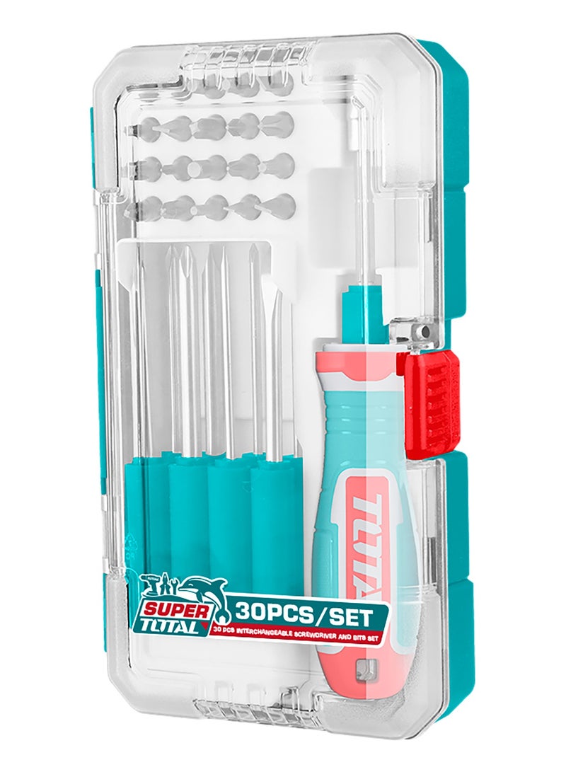 توتال طقم مفك ورؤوس قابل للتبديل من توتال مكوّن من ٣٠ قطعة، مصنوع من فولاذ كروم فاندوم، يضم رؤوس فيليبس والمسطّحة وتوركس والسداسية، مع حامل تمديد بطول ٦٥ ملم، وعلبة تخزين بلاستيكية - Image 3